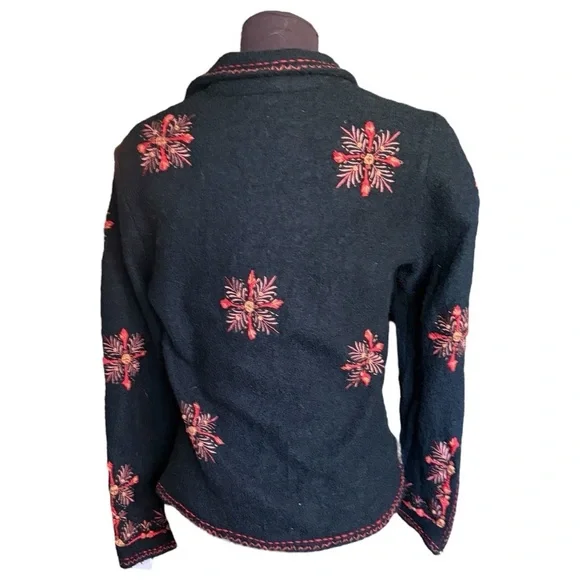CoVelo Black Coat Red Embroidered Floral Felted Boiled Wool Jacket, size Small - Picture 3 of 14